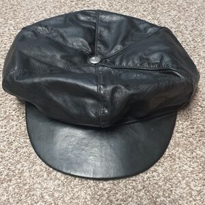 Harley Davidson Black Leather Newsboy Cap Vintage